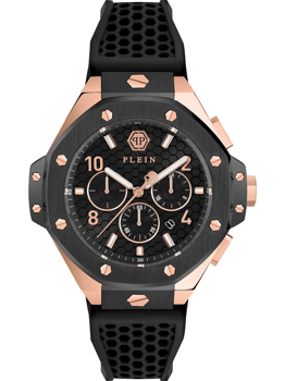 Philipp Plein ur i sort og guld med sub-dials, markante time-markører og struktureret rem.