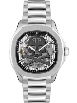 Herreur med skeletdesign og synlige mekanismer, "PHILIPP PLEIN" øverst på urskiven.