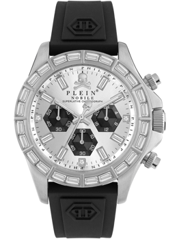 Philipp Plein herreur med 43mm skive, stenramme, tre små skiver og sort rem med logo.