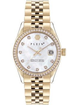 Philipp Plein dameur med stenbesat bezel, datovindue kl. 3 og metalarmbånd.