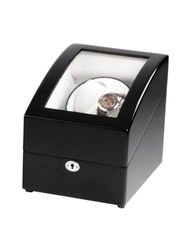 Rothenschild Watch Winder med sort skinnende overflade og gennemsigtig top, der viser en urholder.