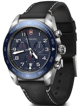 Herreur fra Victorinox med mørk skive, tachymeter på bezel, kronograf og antimagnetisk funktion.