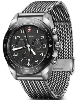 Victorinox herreur med tachymeter, tre subdials, dato kl. 6 og mesh stålrem.