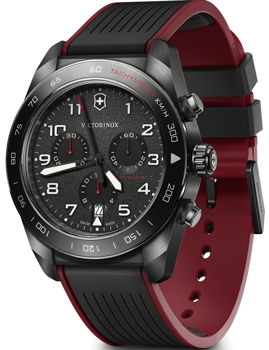 Victorinox ur med chronograph, tachymeter på bezel og sort-rød tofarvet rem.